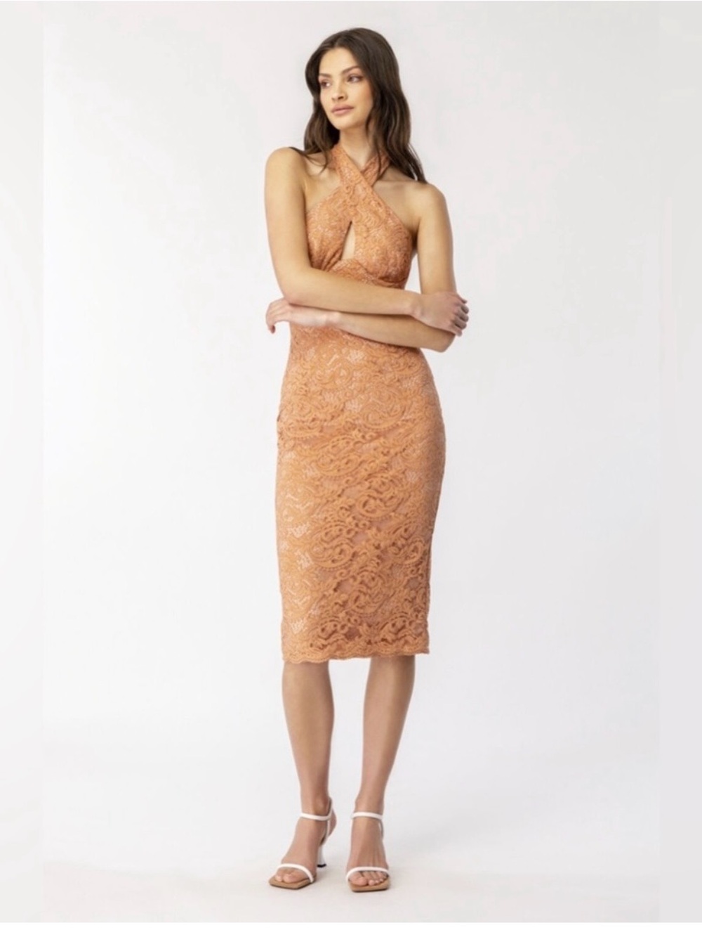 Bardot Lace Halter Midi Dress in Terracotta